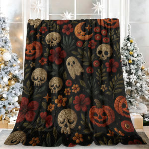 Beast Kingdom | Coquette Orange Bow Ghost Pumpkin Bat Halloween Flannel Blanket Soft Fuzzy Plush Cozy Throw for Sofa Bed Couch