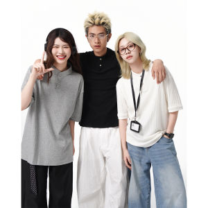 BWKA | Henry Collar Stripe Texture Knit T-Shirt Short Sleeve