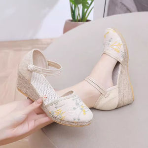 Casual High Heel Cotton Linen Shoes for Women Traditional Chinese Style Embroidered Shoes with Buckle Closure Round Head Wedge Heel