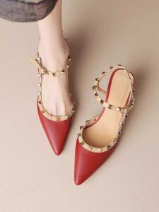Retro Red Leather Rivets Sandals Womens 2024 Summer New Arrival Chunky Heel Pointed Toe French Style All-Matching Closed Toe Chunky Heel Shoes