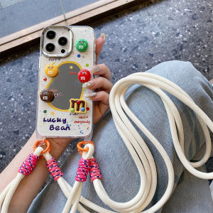 Creative Cute Apple 15Pro Max iPhone 13 Compact Mirror Case 12 New Model 11/14 Handheld Lanyard 16Pro Crossbody Shoulder Strap Chain M Bean Mirror Surface