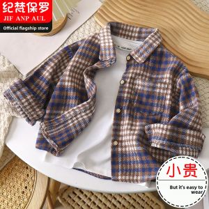 JIFANPAUL | Áo Sơ Mi Dài Tay Caro Phong Cách Retro Cổ Mở cho Bé Trai và Bé Gái