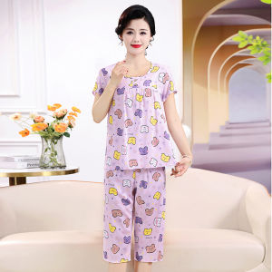 Loose Cotton Silk Sleepwear Short Sleeve Seven-Piece Pants Home Clothes Set for Middle-Aged Women Summer Comfortable Pyjamas