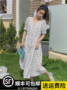 Sweet Floral Print Mini Dress Fairy Tale Tea Break Style Womens Korean V-neck High-waist A-line Skirt Summer New Arrival