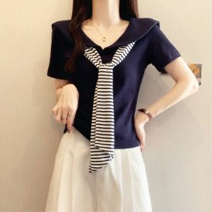 AIYITI | Age-reducing Striped Bowtie Navy Collar Short Sleeve T-Shirt