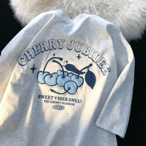 100% Cotton Cherry Short-sleeved T-shirt Mens Summer Loose All-match American Retro Couple Trendy Brand T-shirt Women Ins Tide