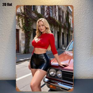 CIFbuy | 8x12 Inch Retro Red Car Pattern Metal Sign Fashion Wall Art Classic Farmhouse Style Chic Decor For Kitchen And Home Indoor Decor