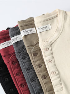 เสื้อยืดคอกลมแขนยาวผ้าฝ้ายแท้ทรงหลวมสไตล์อเมริกันย้อนยุคสำหรับผู้ชาย เสื้อเชิ้ตชั้นในแบบมีขนแกะบางๆ สวมใส่สบาย