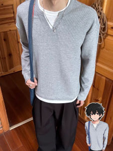 เสื้อยืดคอกลมแขนยาวลายสก็อตสีเทาสไตล์อเมริกันสำหรับผู้ชาย เสื้อเชิ้ตทรงหลวมสำหรับฤดูใบไม้ร่วง Cleanfit