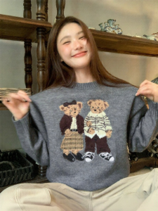 NIHAOKANONG | Áo Sweater Len Hình Gấu Hoạt Hình Retro