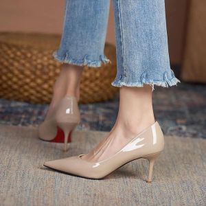 Brand Name High Heel Single Shoes Leather Nude Color Simple Painted Leather Commute Pointed Toe Low Cut Thin Heel Green Womens Shoes