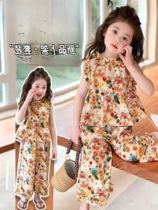 Girls Floral Summer Outfit Korean Style Sleeveless Top And Wide Leg Pants Two Piece Set Trendy Child Clothing Kids Fashion