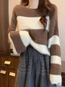 Retro Color Block Soft Cozy Knitted Sweater Womens Loose Fit Overhead Lazy Top Spring Autumn New Style Slimming Short Length