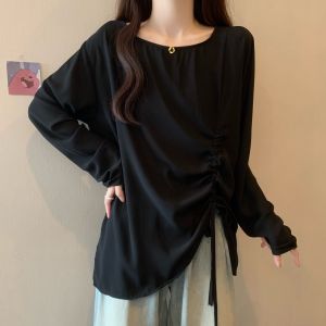 Womens Oversized T-shirt Spring Loose Fit Conceal Meat Slimming Versatile Top Drawstring Hem Design Korean Style Long Sleeve