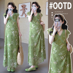 Elegant Floral French Style Maternity Dress V-Neck