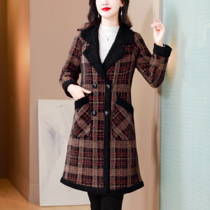 MAIMEI | Womens Plaid Woolen Coat Autumn Winter Thickened Fleece Lined Midi Length High Waist Style Korean Fashion Double Breasted Button