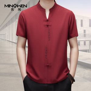 New Chinese Style Short Sleeve Embroidered Loose Fit Stand Collar Mens T-Shirt Retro Dad Clothing Top for Casual Summer Wear