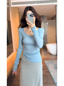 YUEZHONGWEI | Áo thun tay dài mùa hè mỏng màu xanh lam lụa tơ tằm lụa băng chống nắng dáng ôm vừa vặn cho nữ