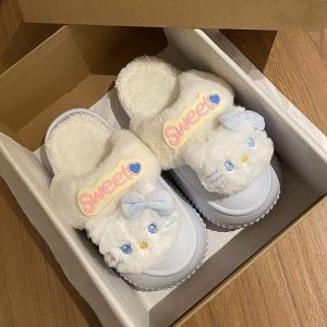 Hellokitty Plush Slippers Womens Winter New Cute Cotton Slippers with Heel Indoor Home Comfortable Warm Rabbit Fur Middle Heel