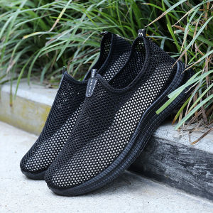 Mens Summer Breathable Mesh Shoes Full Black Casual Sports Thick Bottom Anti-slip Fashionable Shoes Comfortable Slip-On round Toe