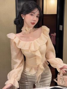 GUZILIAN | เสื้อเชิ้ตแขนยาวผู้หญิงสไตล์เกาหลี ทรงเข้ารูป ไม่มีปก แขนกระดิ่ง คอตั้ง ไม่สมมาตร เสื้อเชิ้ตผู้หญิง