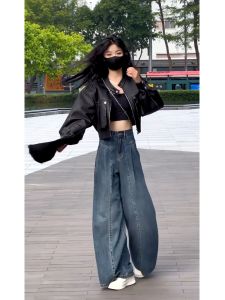 Fashionable Short Loose Motorcycle Leather Jacket Coat + High Waist Wide Leg Jeans Autumn 2024 New Arrival Elegant Style