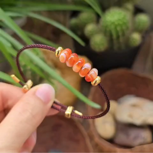 Q2535 Vòng ngũ điếu Ngọc Agate Vân Cam size 8li dây cáp 2 mẫu: Dây đỏ & Dây nâu hợp Hỏa & Thổ - Phong Thủy TUDO