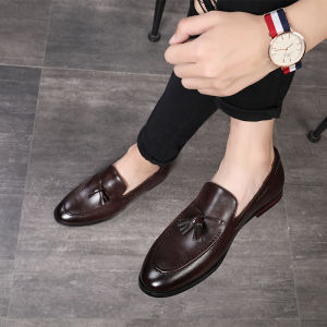 Breathable Casual Mens Slip-On Loafers British Style Tassel Low-Top Fashionable Leather Patchwork Flat Heel Daily Wear Shoes