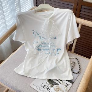 PAIBOLI | Oversized Letter Printed Lace Bow Short Sleeve T-shirt