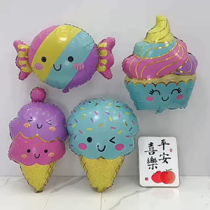 DINOSO Balon Foil Bentuk Permen Kue Es Krim / Balon Bulat Happy Birthday Kue Permen Donut / Foil Helium Balloon Candy Cupcake Sweet Tooth Rainbow