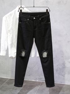 Black Slim Fit Jeans Mens Knee Hole Patched Cotton Stretch Denim mid Waist Zipper Closure Casual Long Pants Trendy Youth Style