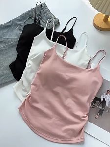 Tanktop Bra Wanita Polos Kerut Samping Adjustable Tank Top Basic With Cup Wanita Spaghetti Crop Top Pakaian Dalam Yoga Wanita Push Up Tanpa Kawat Atasan Wanita Tali Bisa Diatur BR6983