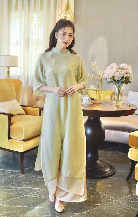 Áo Dài Cách Tân Nữ Dáng Suông Thiết Kế Kiểu Hồ Điệp Màu Xanh Cốm ...