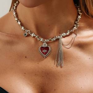 Salircon Gothic Love Heart Pendant Choker Necklace Women Trendy Irregular Geometric CCB Beaded Metal Tassel Chain Party Jewelry