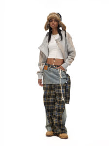 กางเกงยีนส์ทรงหลวมเอวสูง ดีไซน์ลายสก็อตแบบถอดได้ ทรงหลวม ฤดูใบไม้ร่วง 2024 ดีไซน์ดั้งเดิม วัสดุผ้าฝ้ายผสม