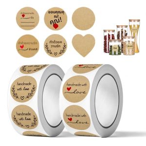 500 ชิ้น/ม้วน "Handmade With Love" สติกเกอร์ขอบคุณธีมซองจดหมายซีล 2.5 ซม./1 นิ้วรอบกระดาษคราฟท์ดอกไม้เค้กของขวัญซีลป้าย