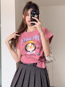 Pink Asymmetric Short Sleeve T-Shirt Womens Summer Slim Fit Half Sleeve Top Creative Cartoon Lettering Printed Commute Style