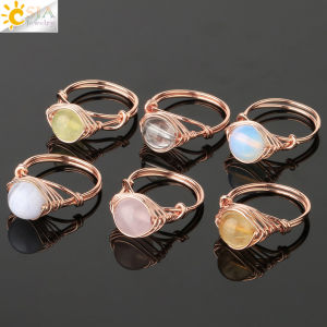Round Natural Stone Ring Rose Gold Color Wire Wrap Handmade Opal Clear Quartz Obsidian Rock Crystal Finger Ring Healing G345