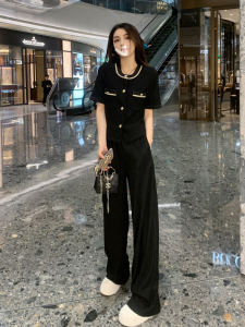 ชุดกีฬาฤดูร้อนน้ําหนักเบาหรูหราสําหรับผู้หญิงชุดสองชิ้น Qian Pinzi พร้อมกางเกงขากว้างและแขนสั้น