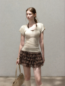 Cantonstory | Light Khaki Halter Neck V-Neck Short Sleeve Slim Fit False Two-Piece Womens Summer T-shirt