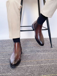 Handmade Mens Chelsea Boots Winter Warm Fleece High Top Martin Shoes Business Casual British Style Leather Shoes Waterproof