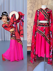Childrens Classical Dance Costume Red Silk Sleeve Ethnic Performance Outfit Drumming Sound Water Sleeve Dancewear Polyester