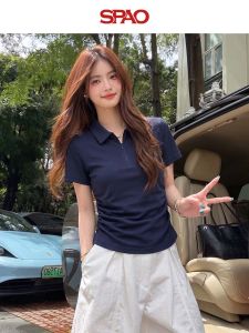 spao | Bear Embroidery Zip Polo Elastic Waist Slimming Short Shirt