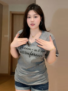 plus Size Womens Spicy Grey V-neck Short Sleeve T-shirt Slimming Waist Design Summer New Style for Plump MM Fashion Top