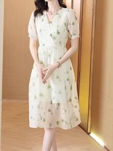 French Elegant Short Sleeve Floral Chiffon Dress