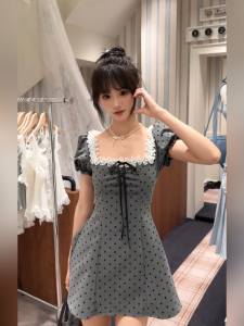 Shuoyi Home Fashion Bubble Sleeve A-line Mini Skirt With Square Collar High Waist Slim Fit Casual Style For Plus Size Women