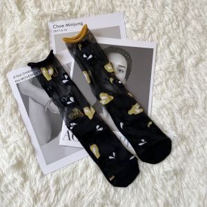 Creative Design Dot Stripes Leaves AB Left and Right Feet Thin Crystasilk Sock Curling Artsy Statement Sandals Tube Socks