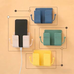 Adhesive Wall Mount Phone Holder with Hooks Storage Box ForMobile Phone Remote Control Storage Box for Bedroom Kitchen Tools