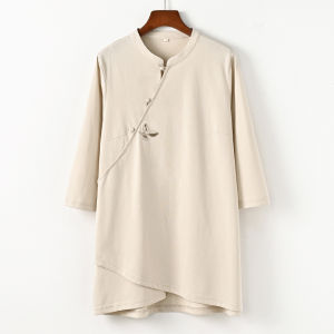 Loose Fit Mid-Length Hanfu Style T-Shirt Womens Spring Summer Cotton Knitted Breathable Casual Vintage Collared Seven-Quarter Sleeve