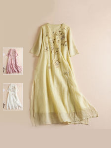 Retro Mùa Hè Size Lớn Đầm Nữ Thêu 2 Lớp Vải Lanh Cotton Cổ Cổ Tròn Tay Lửng Váy